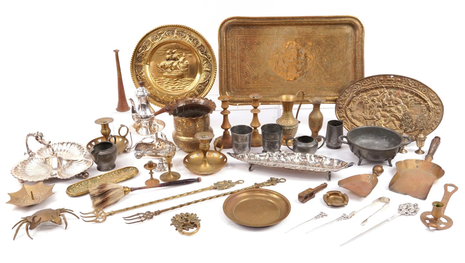 Antique and later metalware including silver plate, copper, pewter and brass, the largest 51cm in