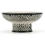 Longwy Primavera, French Art Deco footed bowl enamelled with stylised lines and swirls, 25cm in