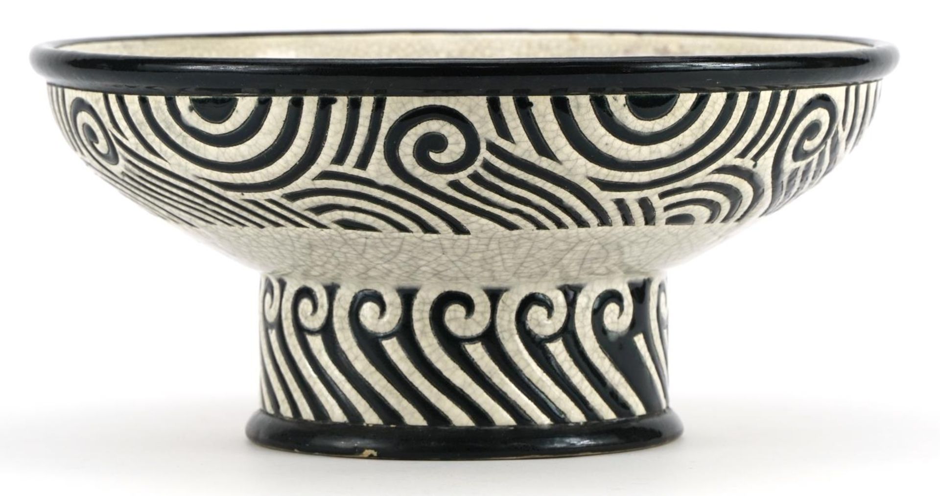 Longwy Primavera, French Art Deco footed bowl enamelled with stylised lines and swirls, 25cm in