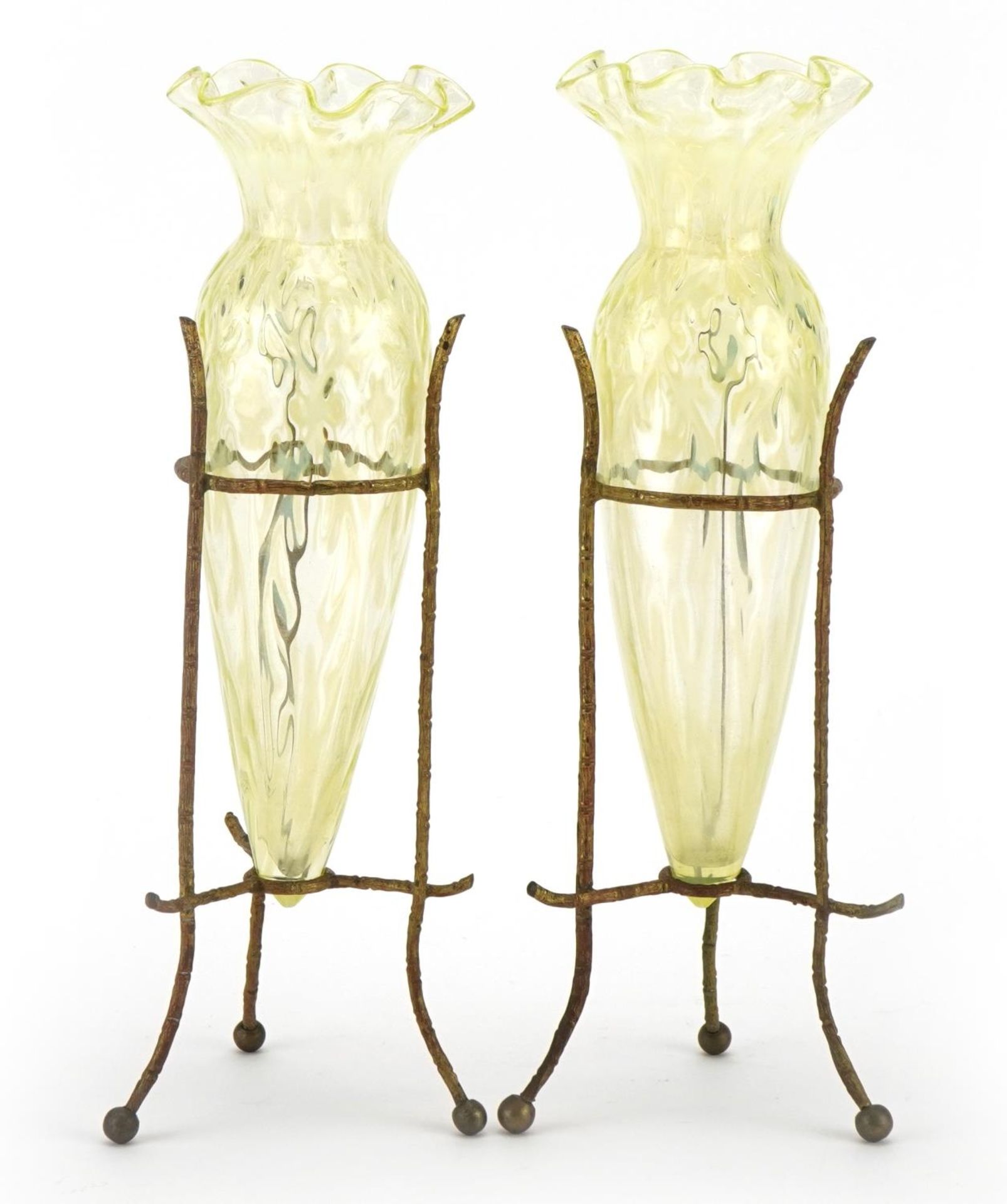 Attributed to James Powell & Sons, pair of Arts & Crafts Vaseline glass vases housed in gilt metal - Image 4 of 6