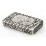 Unmarked silver niello work vesta, the hinged lid engraved with a courting couple, 6.5cm wide, 51.5g