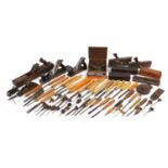 Collection of vintage woodworking tools including Record planes and Marple's chisels