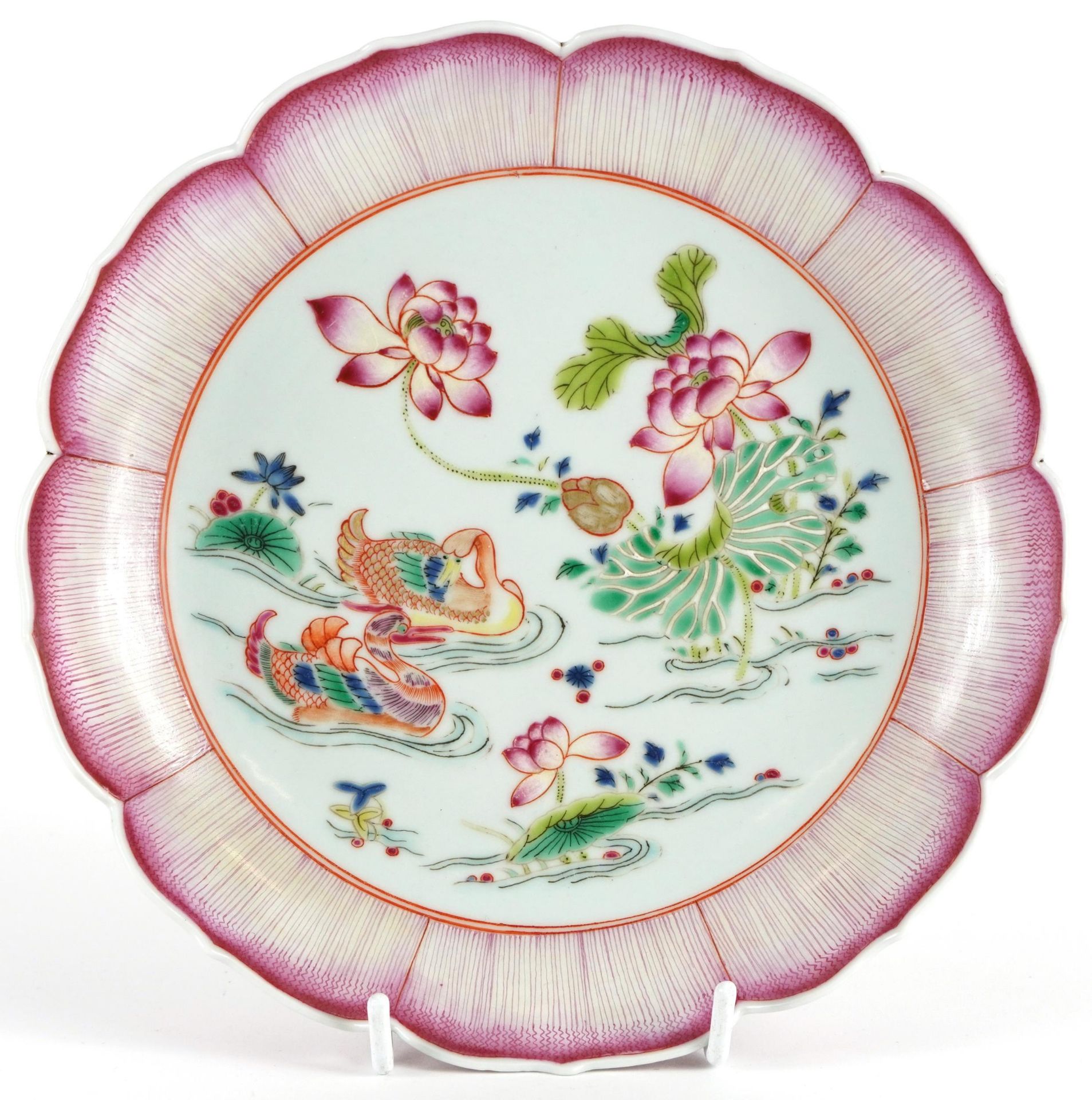 Chinese porcelain flower head dish hand painted in the famille rose palette with two ducks in