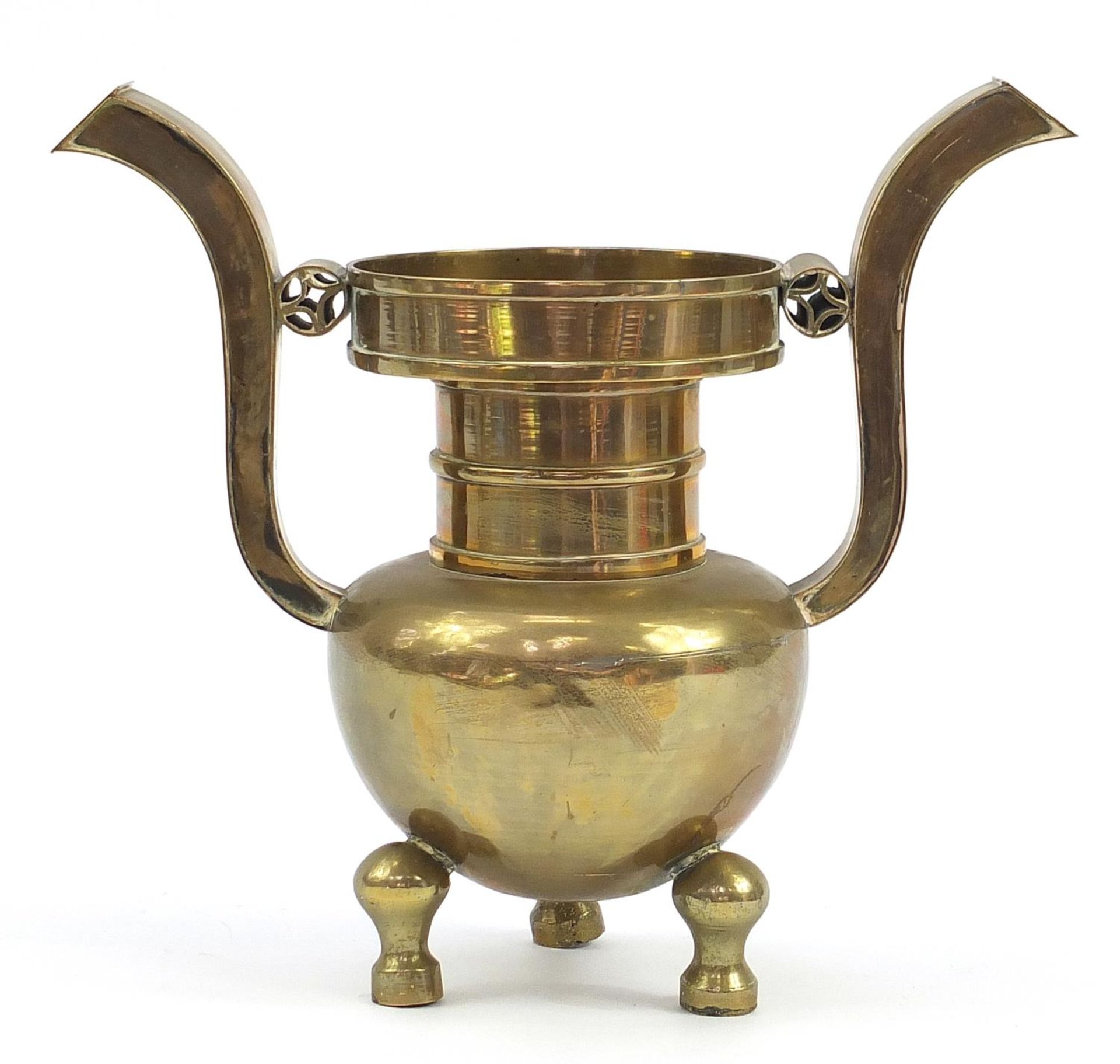 Large Chinese patinated bronze tripod censer with twin handles, 28cm high