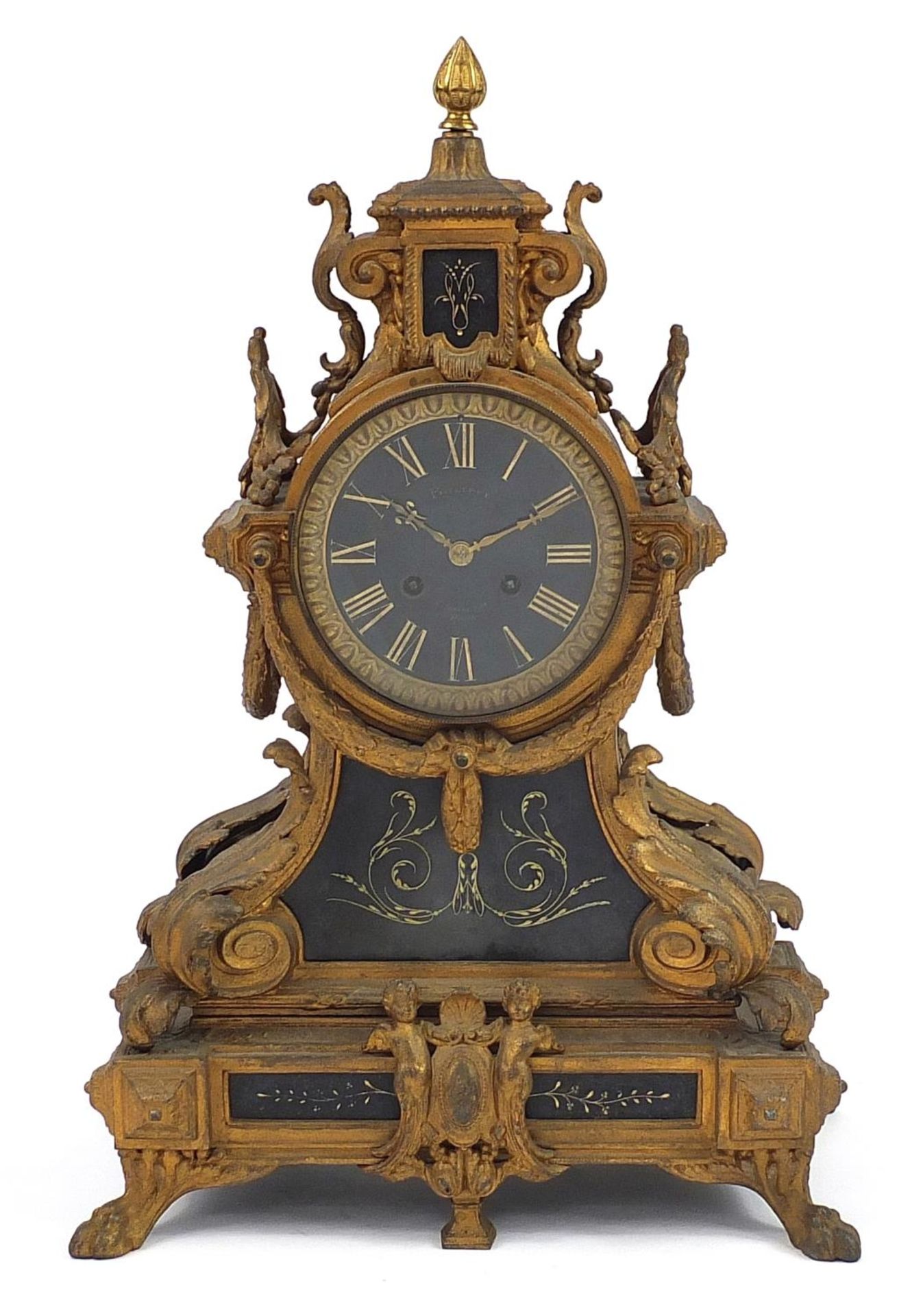 Philippe Rouen, 19th century Rococo style gilt metal and black slate mantle clock, with circular