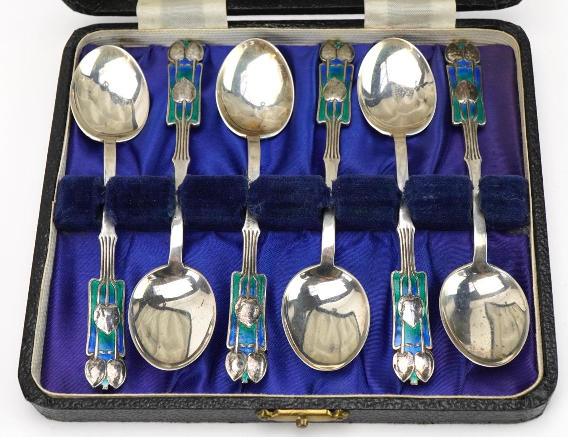 Archibald Knox for Liberty & Co, set of six Art Nouveau silver and enamel teaspoons with velvet - Image 2 of 6