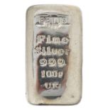 999 fine silver 100g ingot by Betts, 4.5cm x 2.5cm