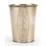Antique unmarked silver tapering beaker with gilt interior, possibly German, engraved Liebert