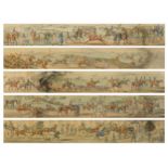Huntsmen on horseback with hounds, set of six panoramic prints in colour, each with Latin