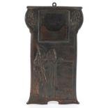 Art Nouveau copper wall plaque embossed with a man holding a scythe and motto Time and tide wait for