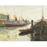 Ships and barges on a river, British school oil on board, indistinctly signed, possibly A...