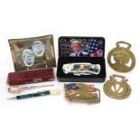 British and American political interest collectables including folding knife, American enamel buckl