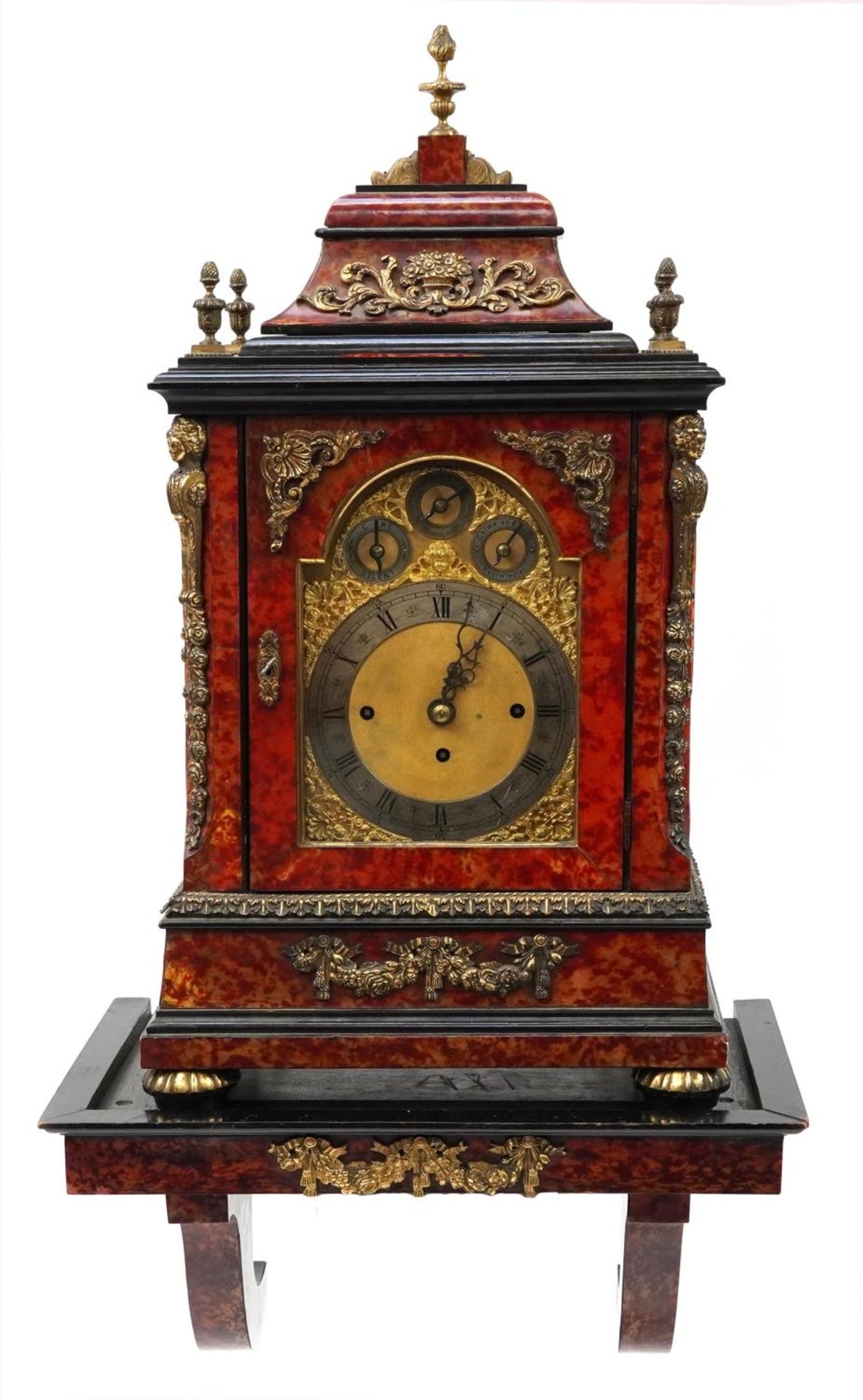 Oversized 19th century red tortoiseshell bracket clock with bracket, the clock striking on five