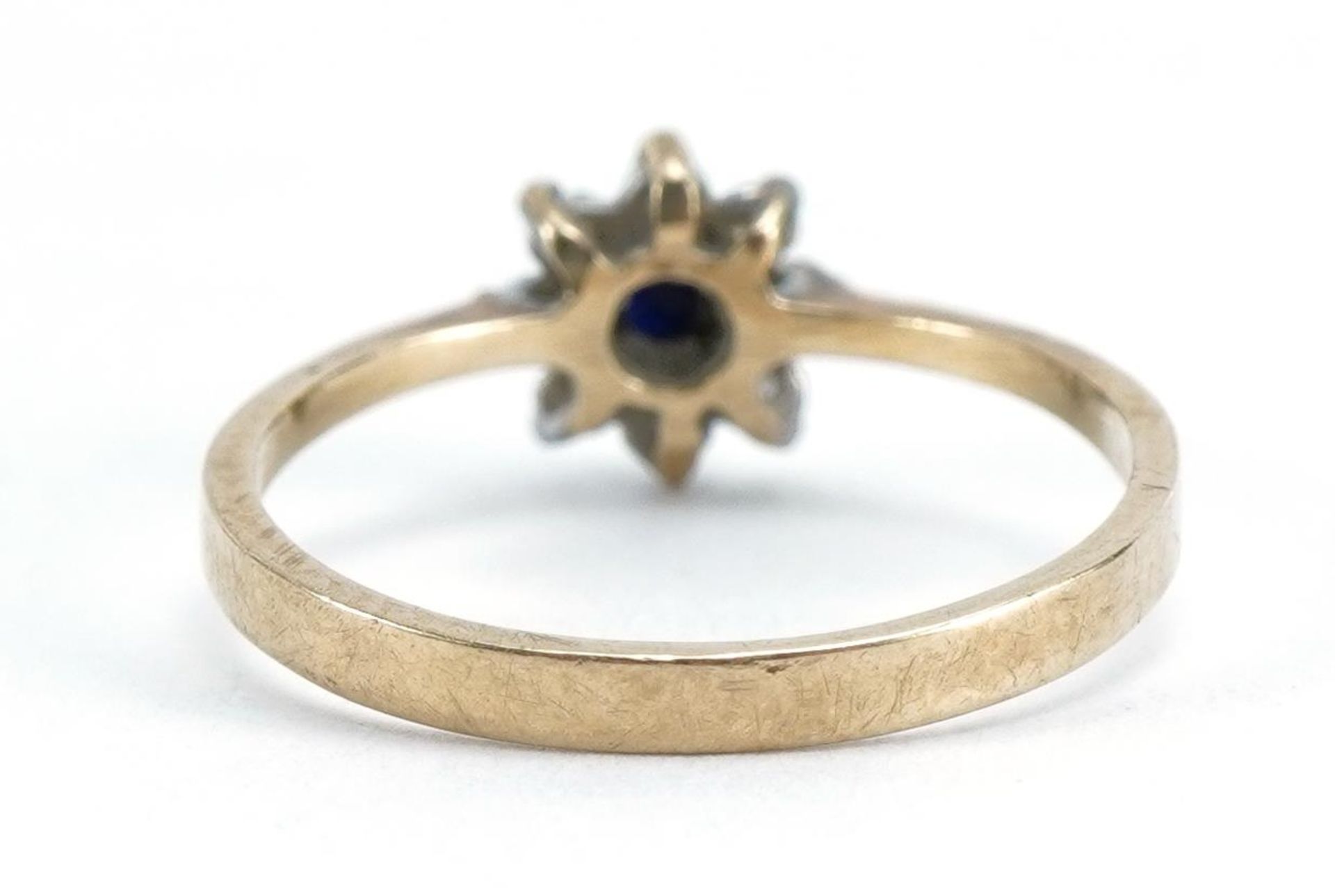 9ct gold sapphire and diamond flower head ring, size M, 1.3g - Image 2 of 3