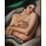Manner of Tamara de Lempicka - Reclining nude Art Deco female, Polish school oil on board, framed,