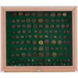 Good collection of antique naval buttons arranged in a glazed display case, the largest