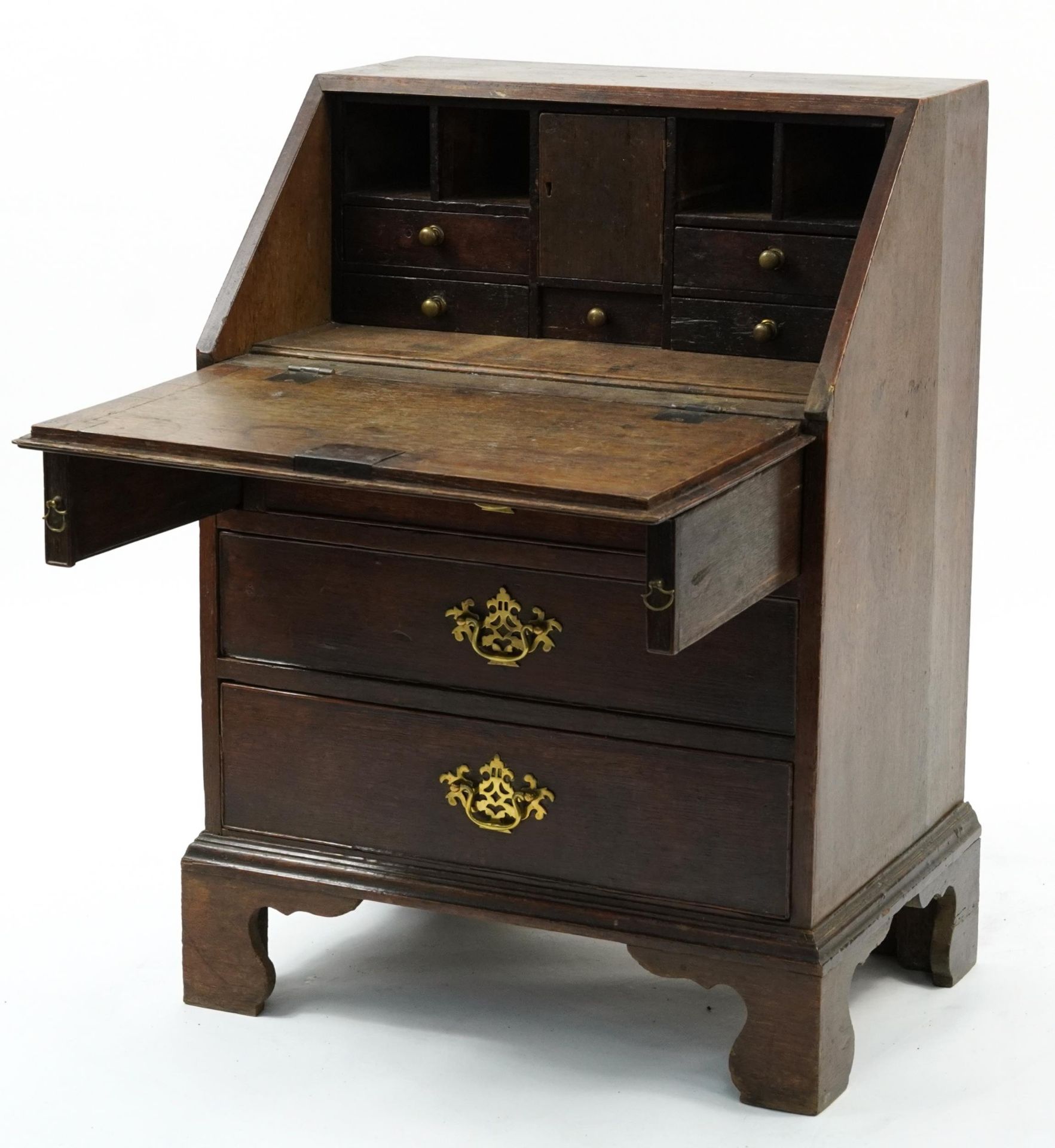 George III oak child's bureau with fitted interior and brass handles, 87cm H x 62cm W x 44cm D - Image 2 of 4