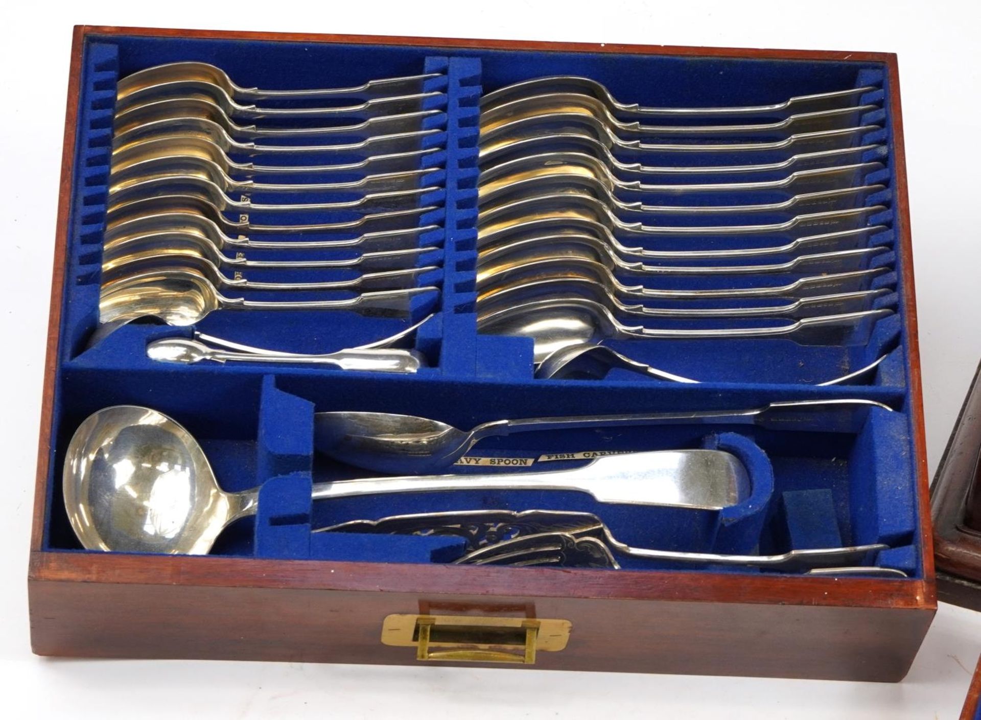 Mappin & Webb mahogany three drawer canteen housing various silver plated cutlery, 28cm H x 51cm W x - Image 2 of 9