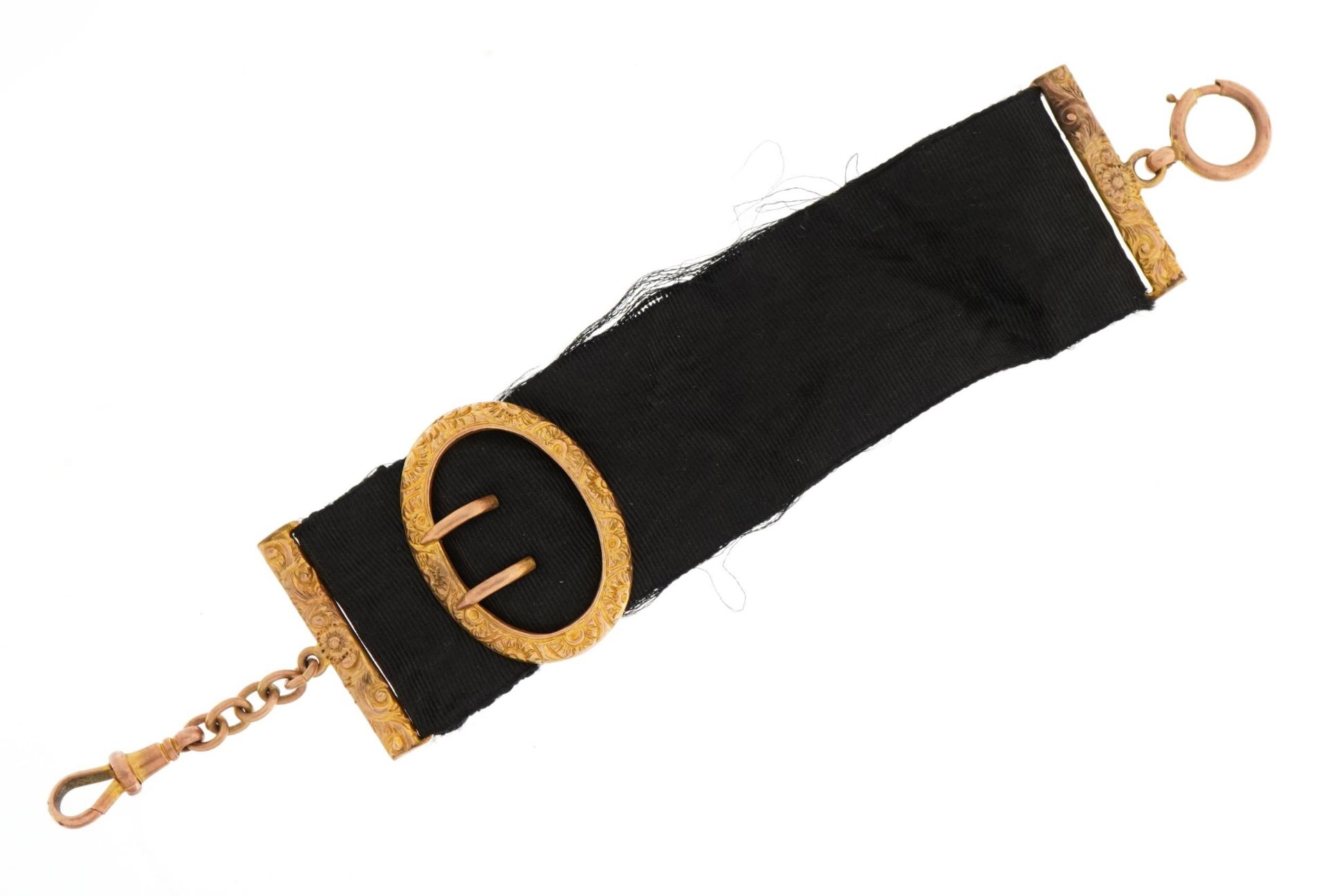 Victorian 9ct gold and black silk watch chain, the buckle and clasp marked 9ct, 15cm in length,
