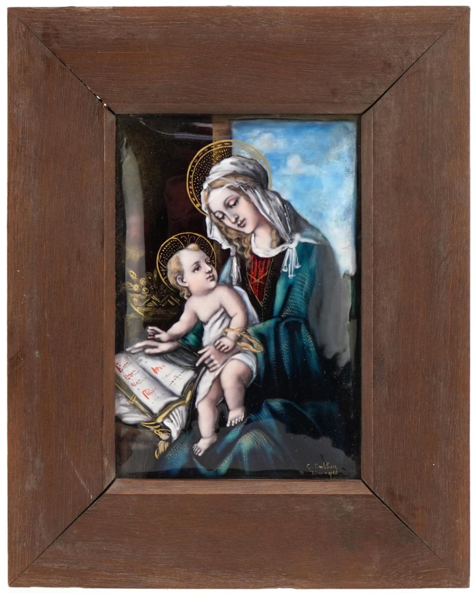 Limoges, 19th century French enamel plaque hand painted with Madonna and child, housed in a hardwood - Image 3 of 4