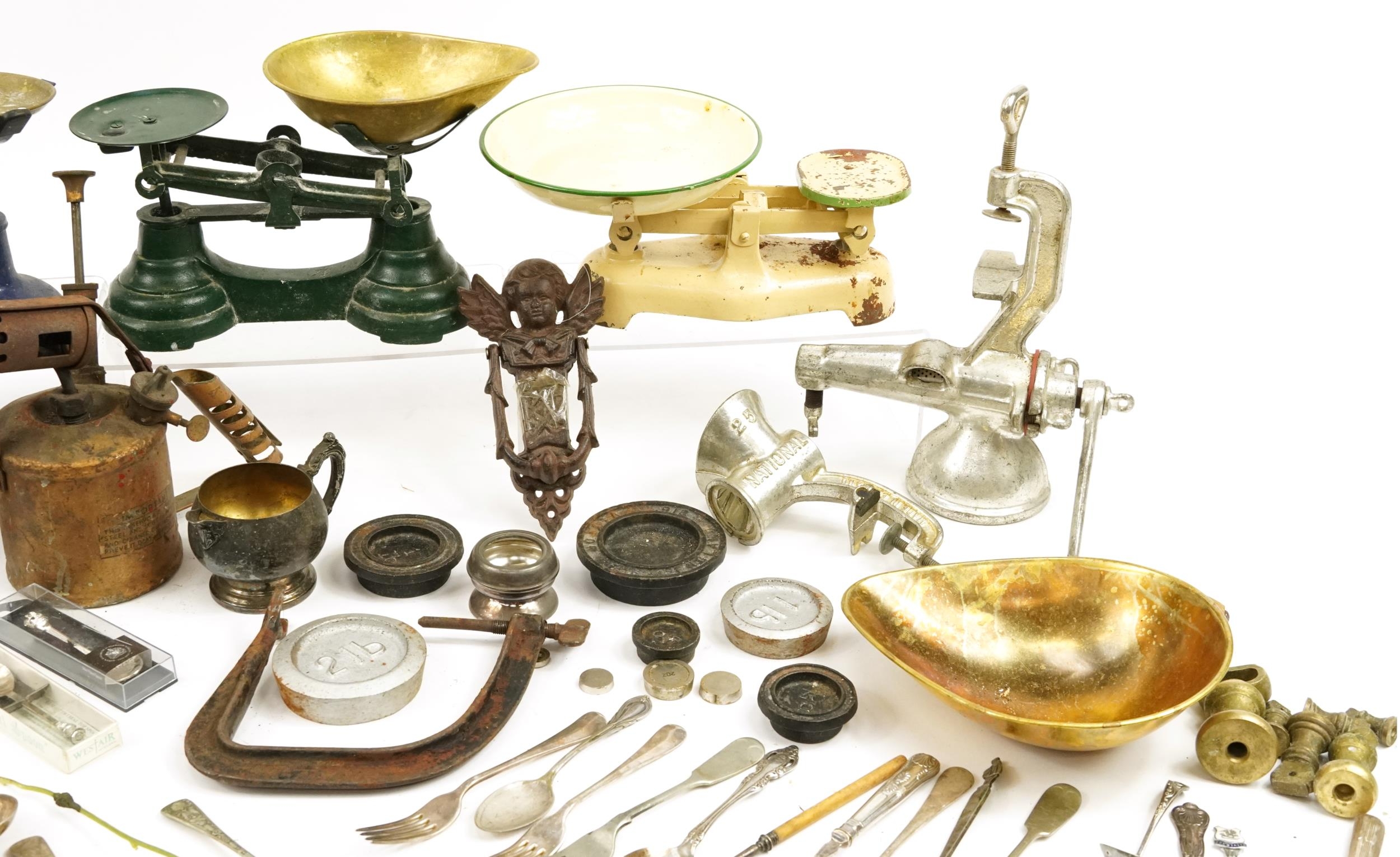 19th century and later metalware including scales, Porkert mincer and silver plated cutlery - Image 3 of 5