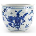 Chinese blue and white porcelain jardiniere hand painted with a bird and butterfly amongst flowers