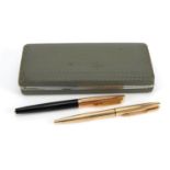 Watermans fountain pen with 18ct gold nib and box together with a Parker gold plated ballpoint pen