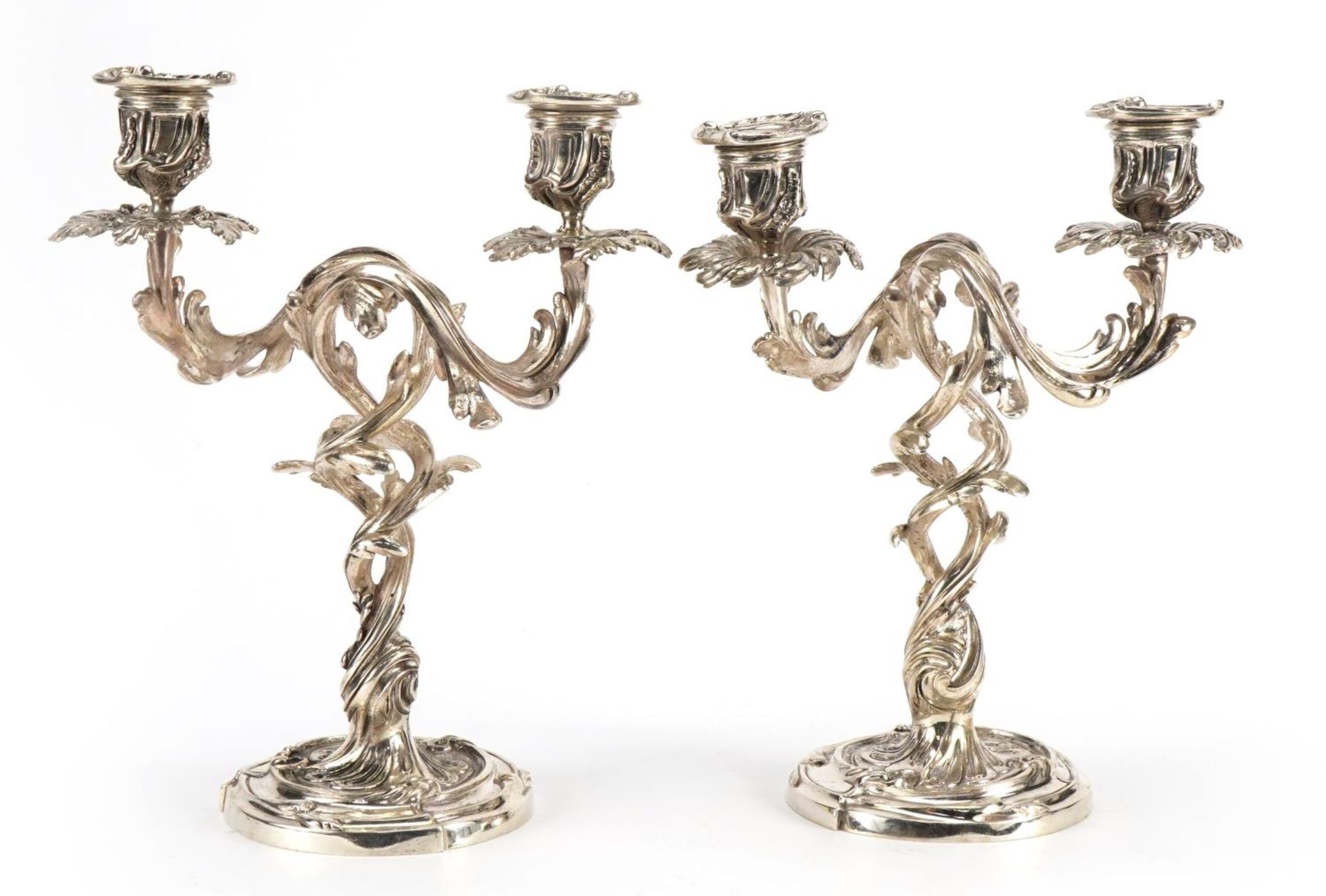 Pair of Rococo style silvered acanthus design two branch candelabras, each 26cm high - Image 2 of 3