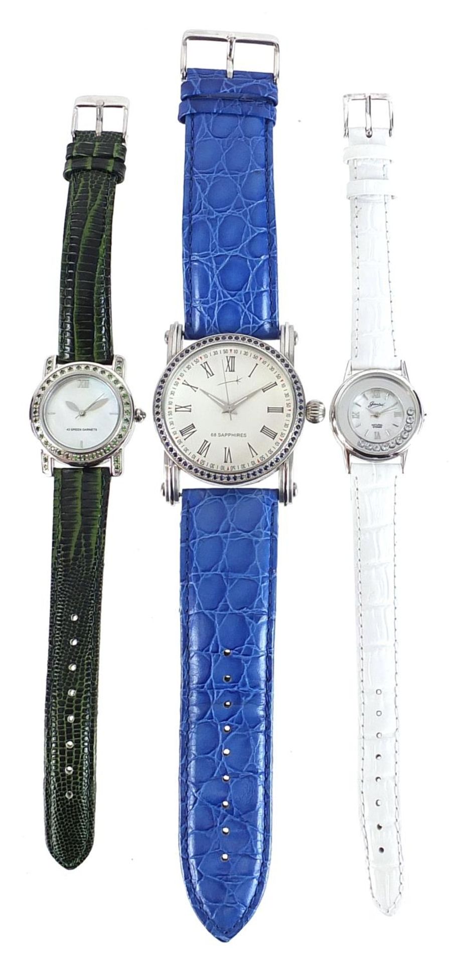 Three ladies wristwatches, one silver, each set with blue sapphires, topaz and aquamarine, with - Image 2 of 6