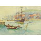 Ships on water before buildings, early 20th century watercolour, indistinctly signed and dated 1911,