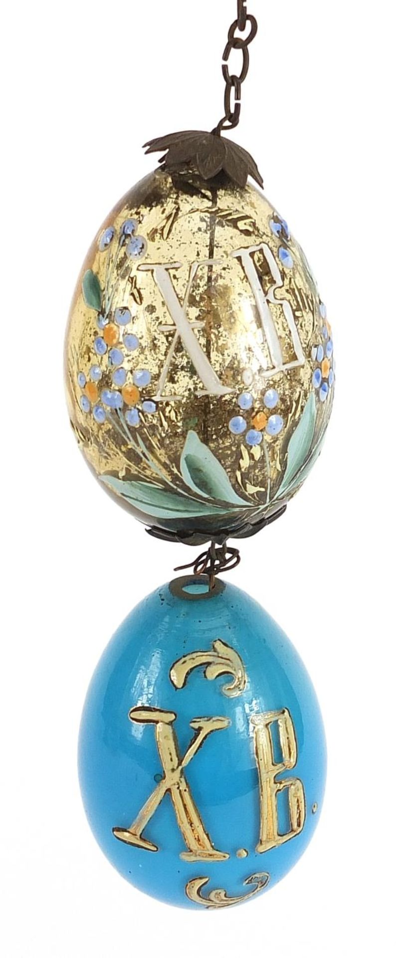 Maltsev, pair of Imperial Russian glass Easter eggs with enamelled decoration inscribed Christ has