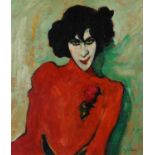 Manner of Alexej von Jawlensky - Top half portrait of a female wearing red, Expressionist oil on