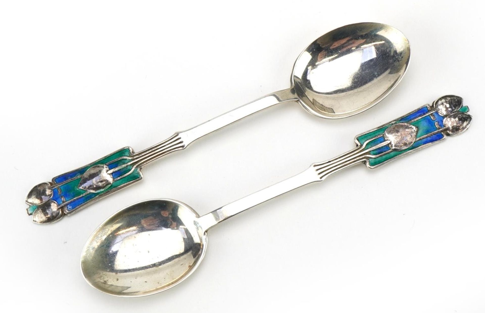 Archibald Knox for Liberty & Co, set of six Art Nouveau silver and enamel teaspoons with velvet - Image 3 of 6