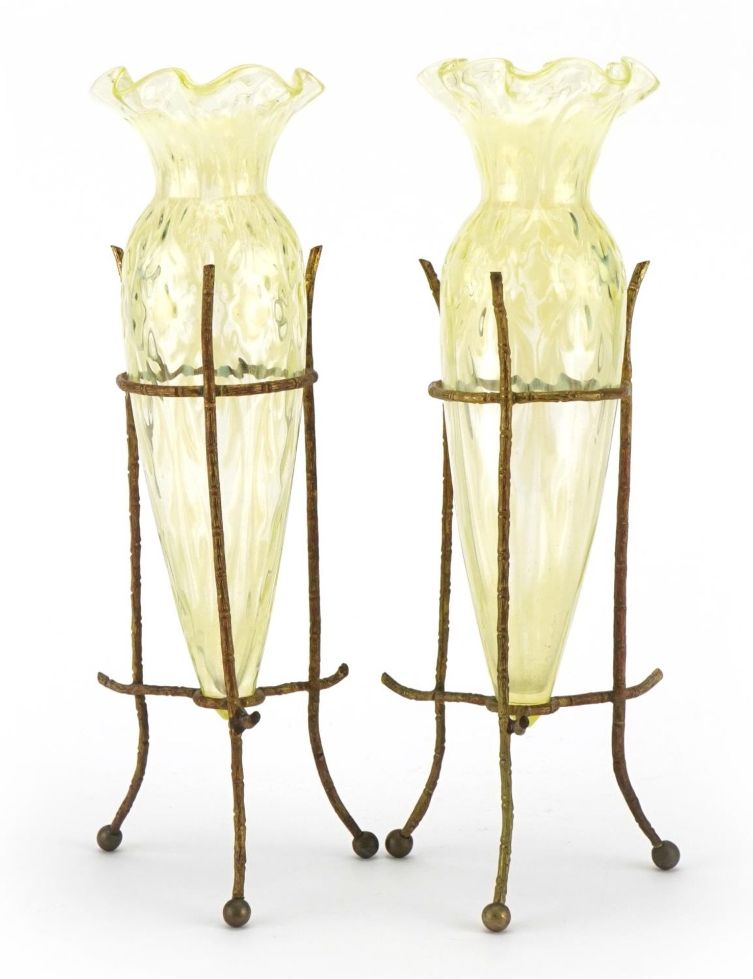 Attributed to James Powell & Sons, pair of Arts & Crafts Vaseline glass vases housed in gilt metal - Image 5 of 6