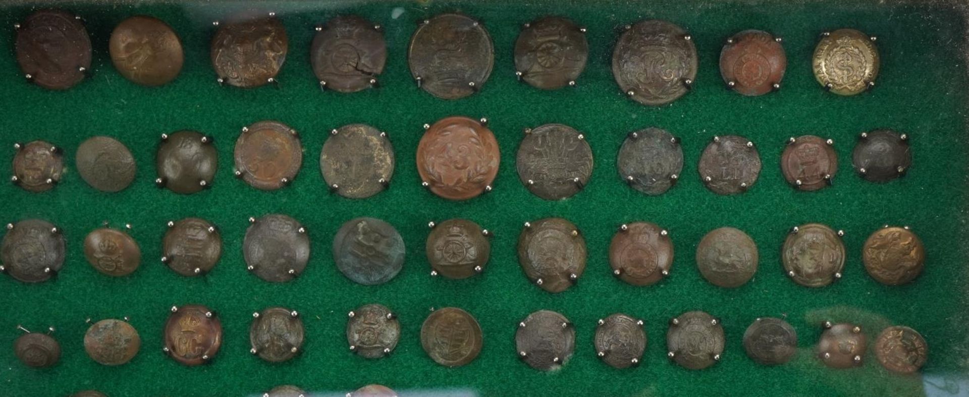 Good collection of antique naval buttons arranged in a glazed display case, the largest - Image 2 of 8