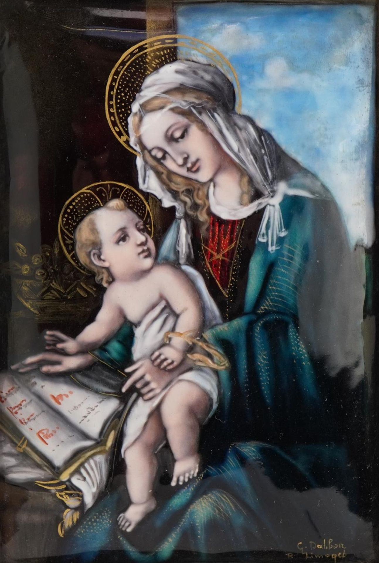 Limoges, 19th century French enamel plaque hand painted with Madonna and child, housed in a hardwood