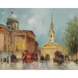 Busy London street scene with St Pauls Cathedral, Impressionist oil on canvas, mounted and framed,