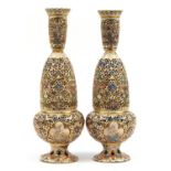 Zsolnay Pecs, large pair of Hungarian reticulated pierced vases hand painted with flowers, each with