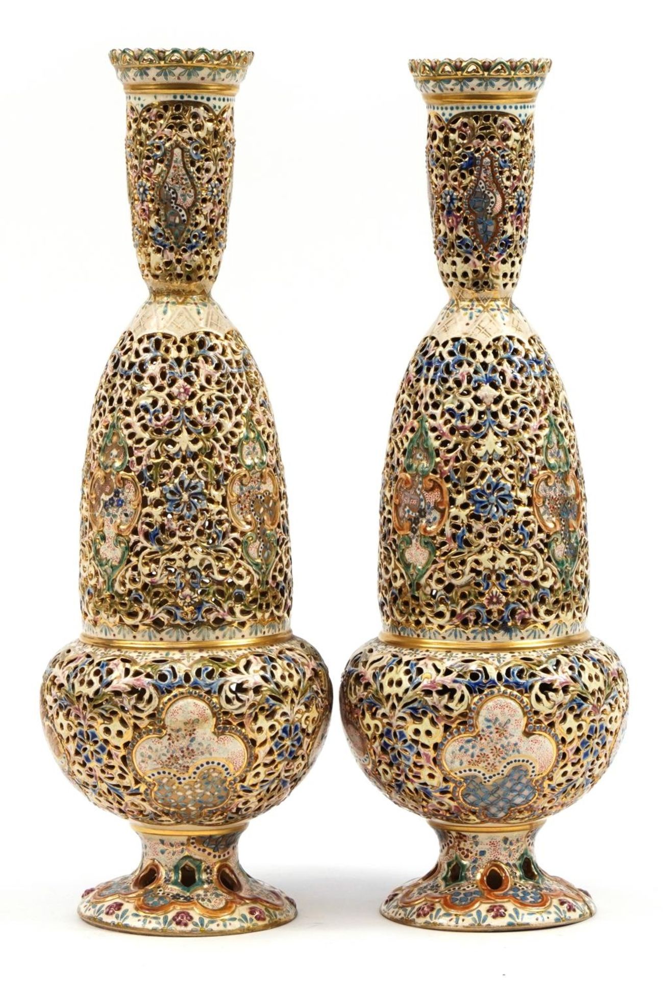 Zsolnay Pecs, large pair of Hungarian reticulated pierced vases hand painted with flowers, each with