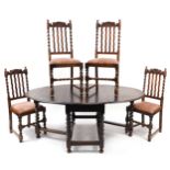 Oak barley twist drop leaf dining table and four chairs, the table 73cm H x 64cm W x 121cm D