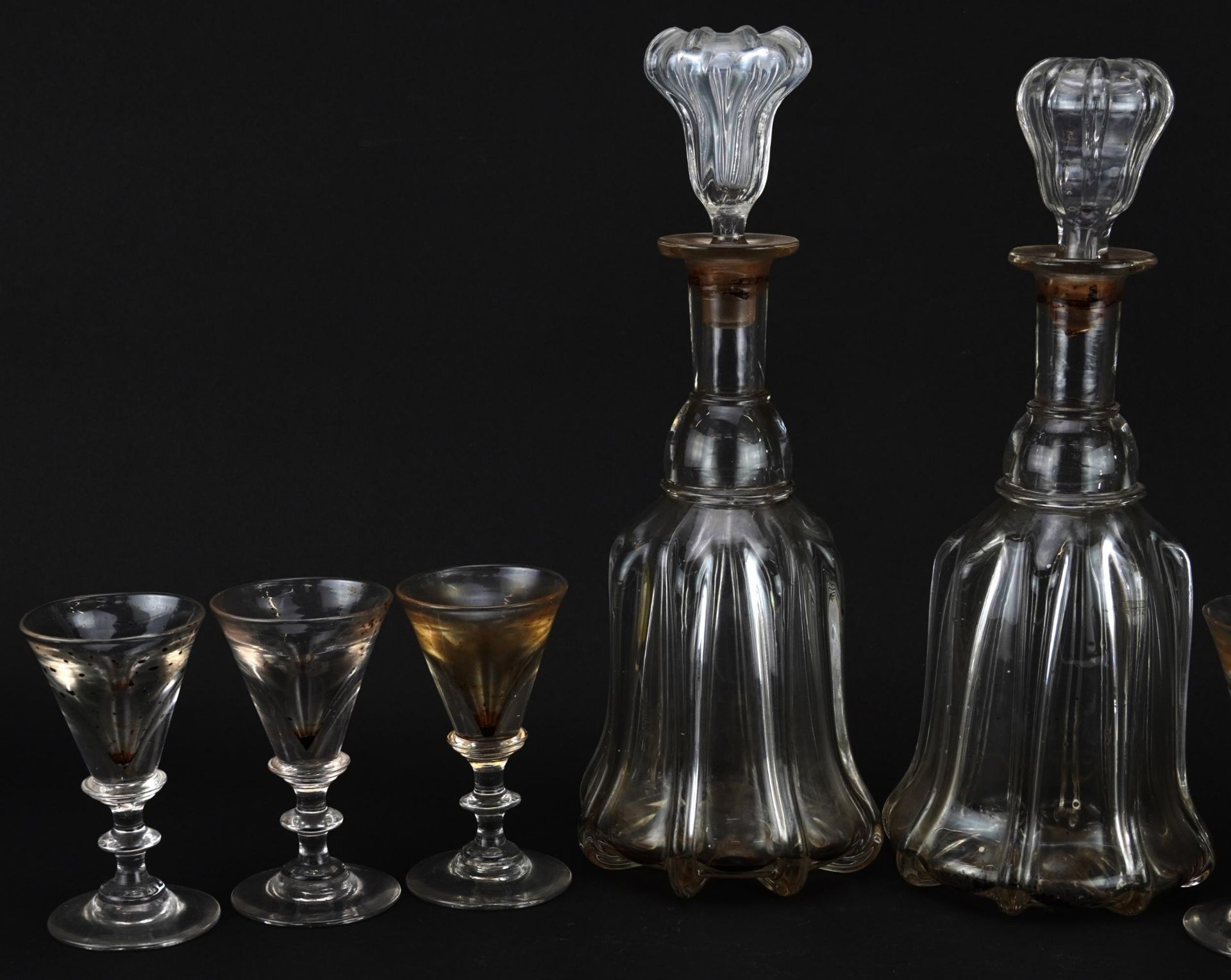 Set of six 18th century illusion glasses and a pair of decanters, the largest 31cm high - Image 2 of 3