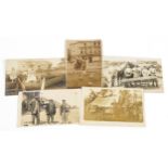 Five Edwardian real photographic postcards including miners with pit pony