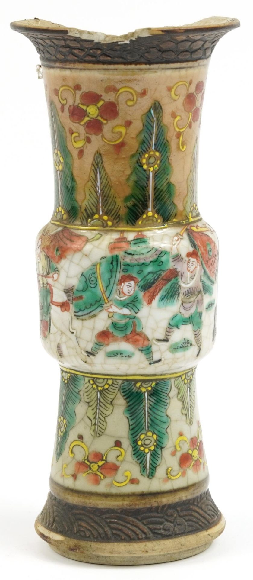 Chinese crackle glazed Gu beaker vase hand painted in the famille verte palette with warriors in a