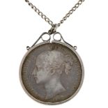 Victorian 1847 silver crown in silver pendant mount on silver necklace, 4.5cm high and 60cm in