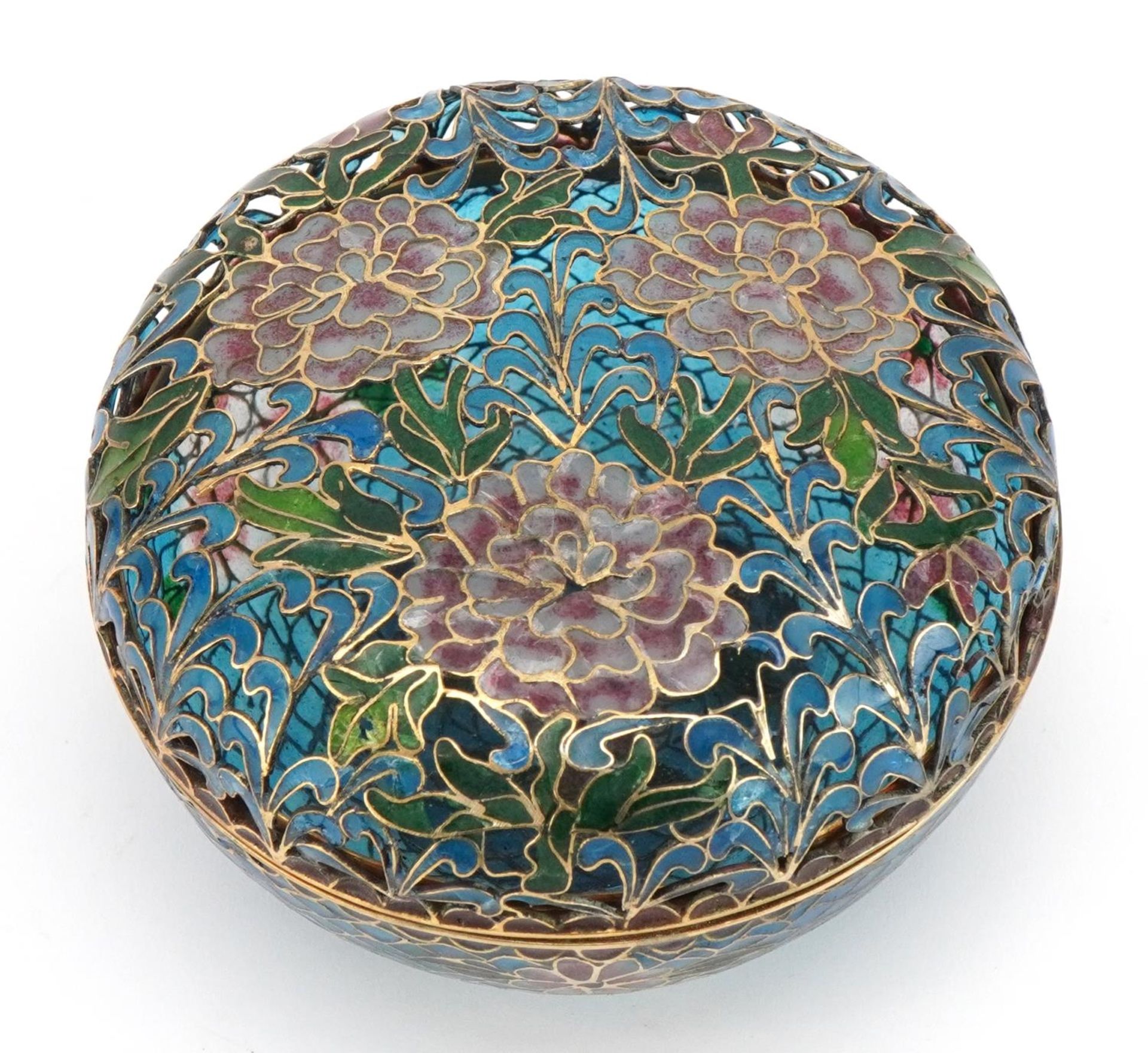 Japanese plique a jour enamel box and cover enamelled with flowers, 10cm in diameter - Image 2 of 4