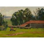 Farm buildings with figures and horses, Post-Impressionist oil on board, mounted and framed, 44.