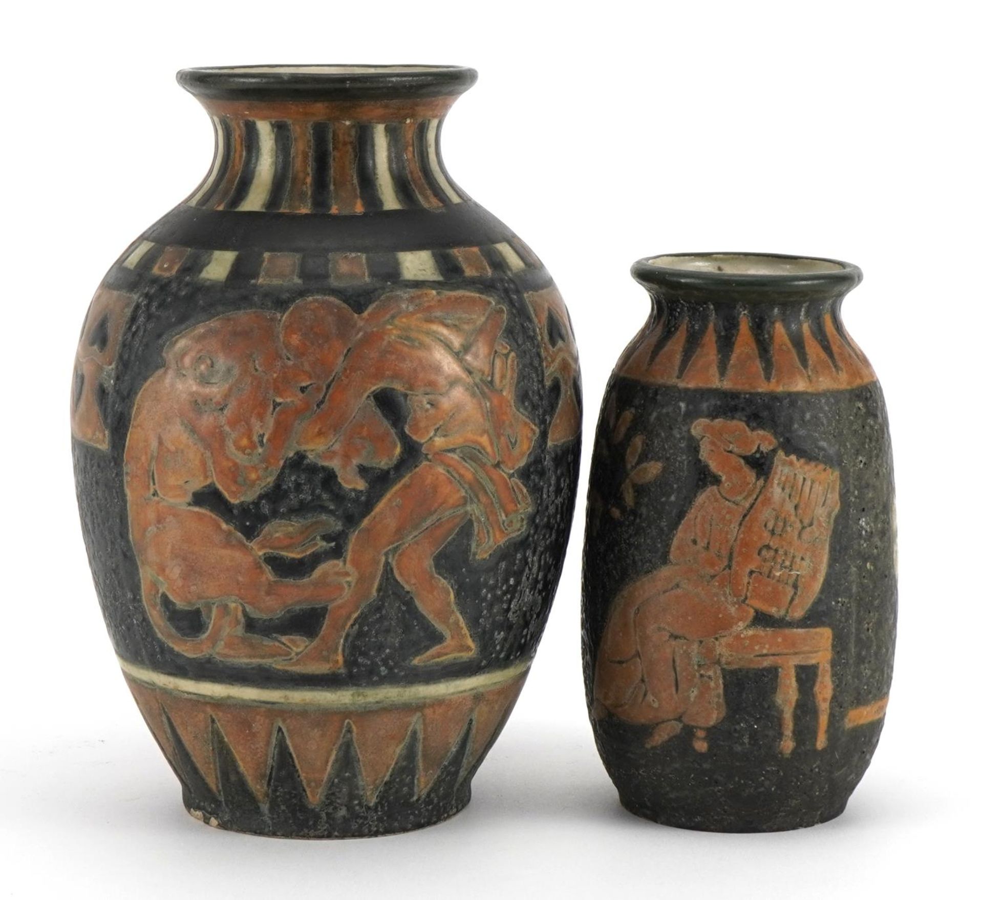 Amphora, two Czechoslovakian Art Nouveau vases hand painted with Grecian figures and flowers,