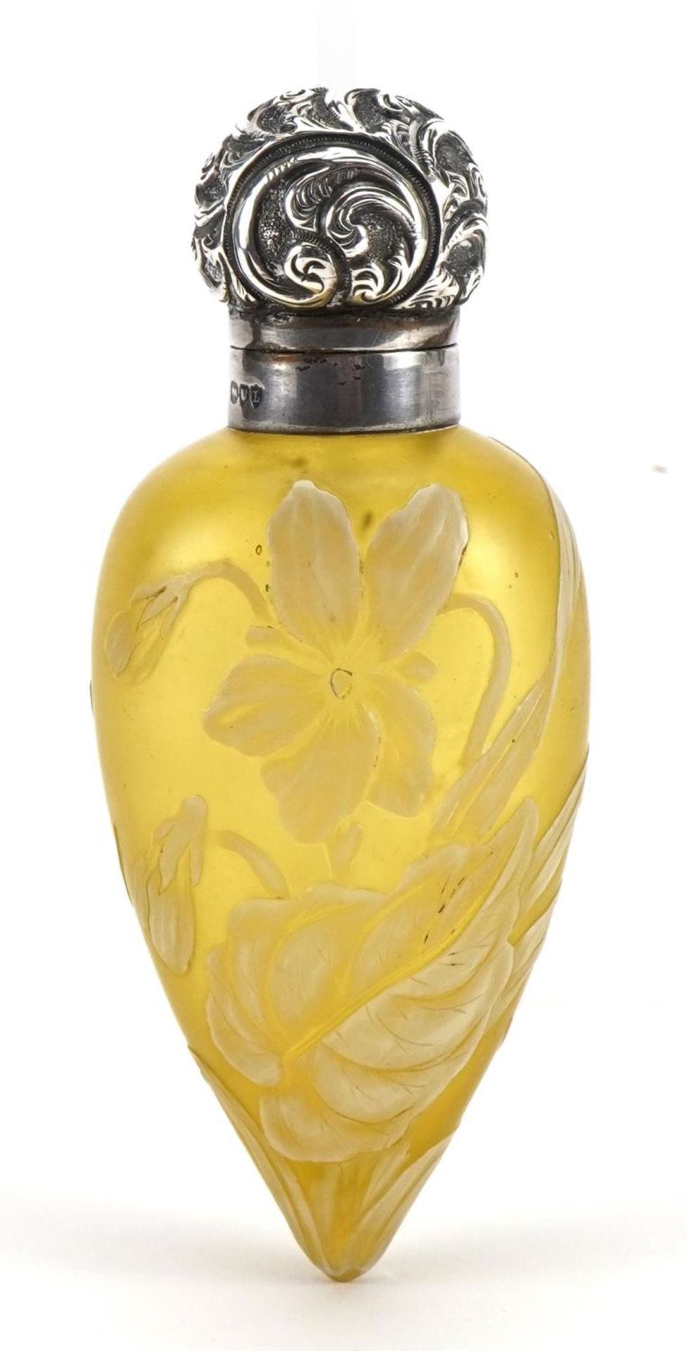 Attributed to Thomas Webb, Victorian silver mounted cameo glass tear drop scent bottle with