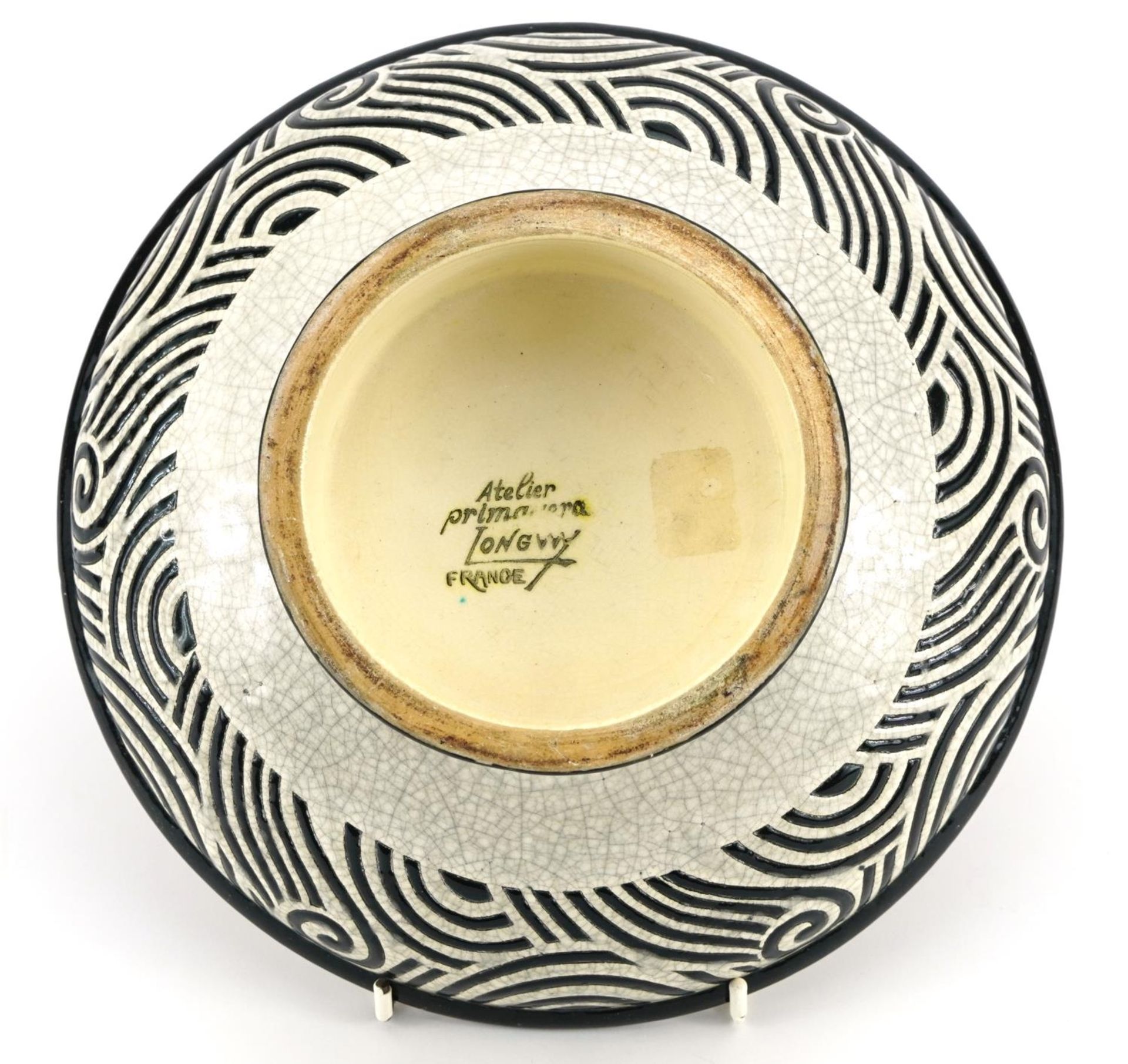 Longwy Primavera, French Art Deco footed bowl enamelled with stylised lines and swirls, 25cm in - Bild 4 aus 5