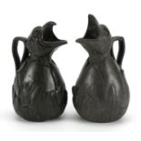 J Garnier, matched pair of French Art Nouveau pewter jugs in the form of hatching chicks, each